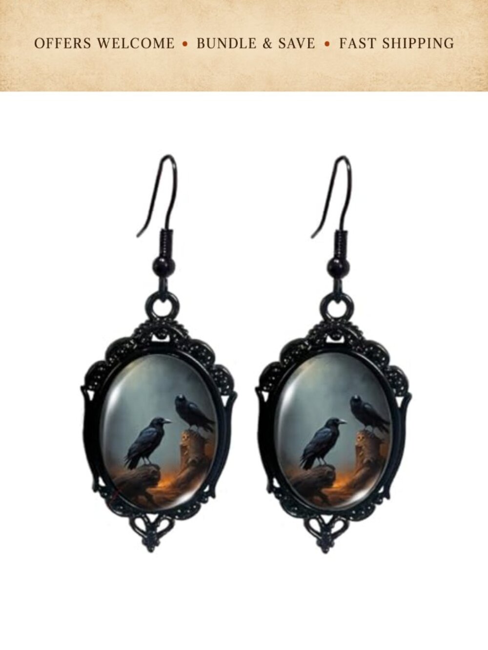 Gothic Raven Cameo Dangle Earrings Crystal Glass Crow Drop Punk Oval Victorian